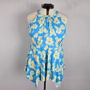 Bloomchic Tankini Top Women's 1X Halter Light Blue Green Floral Print NWT